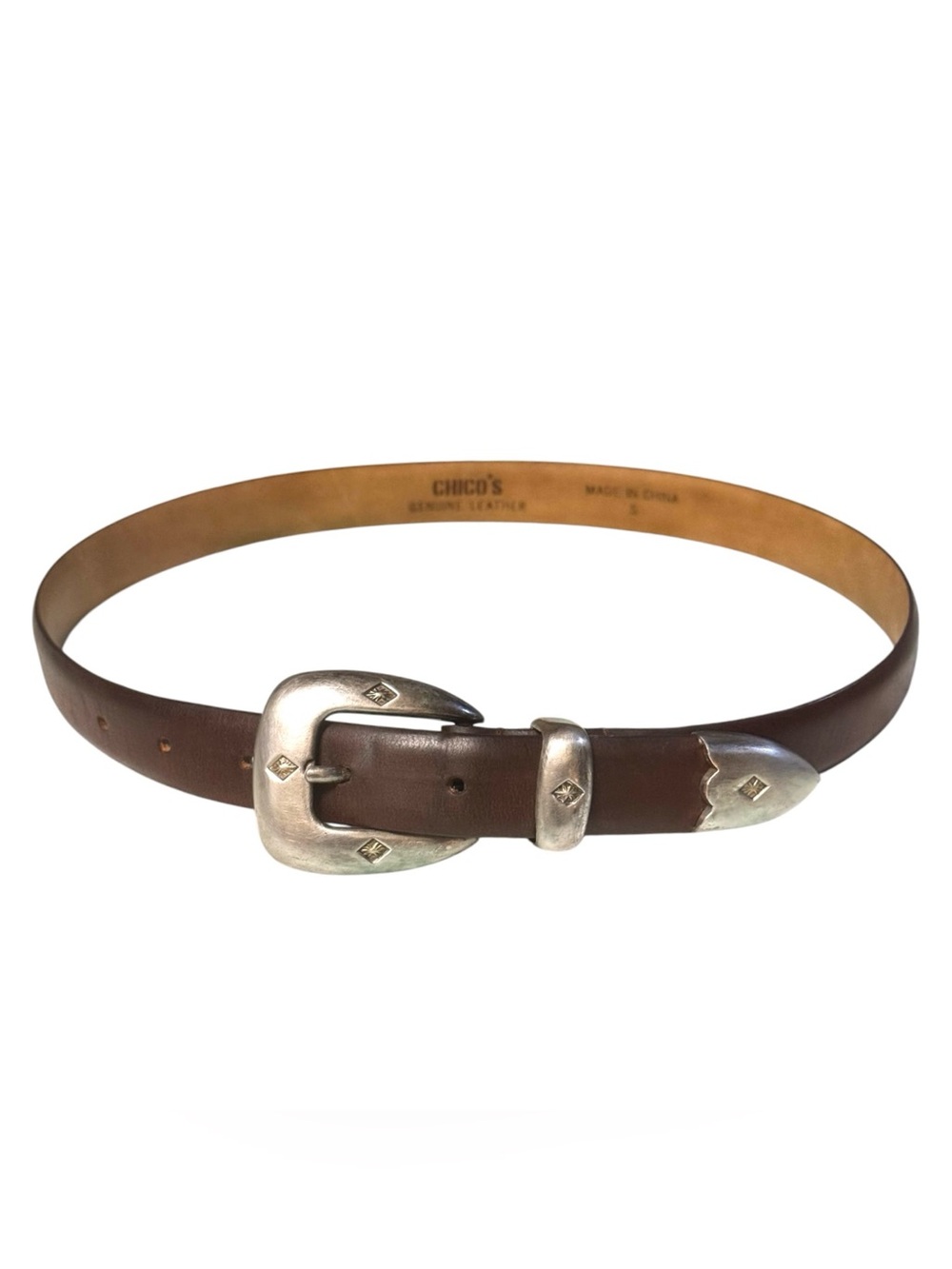 Chico’s 1996 Dark Brown Leather Engraved Silver Starburst Motif Western Belt S